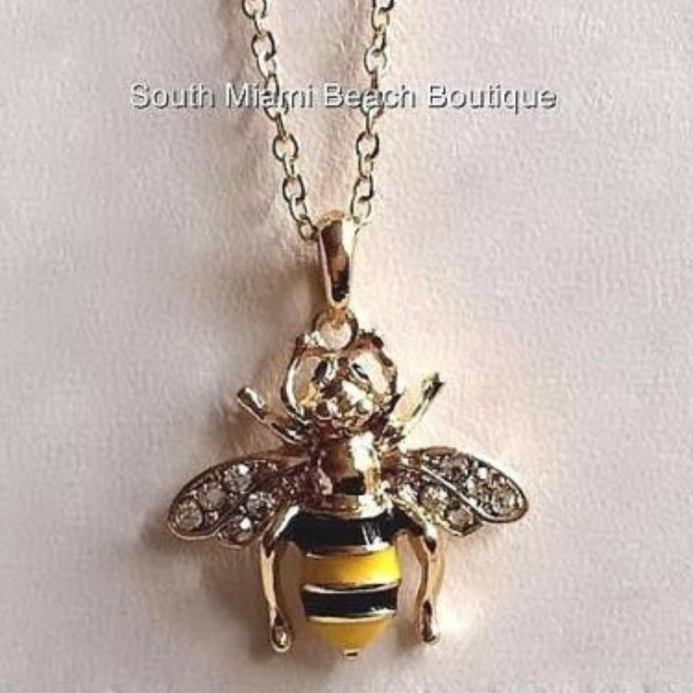 Gold Crystal Bumble Bee Necklace 18" Yellow Black Enamel Plated Insect Bug